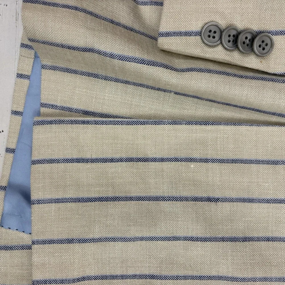 Patrick James Reserve Blazer Sport Coat Mens 44 Beige Stripe Wool Silk Linen